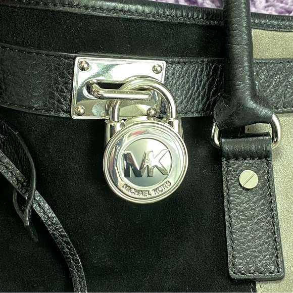 AUTH Michael Kors Large Hamilton Center Stripe Colorblock Suede Satchel Purse - Picture 9 of 13